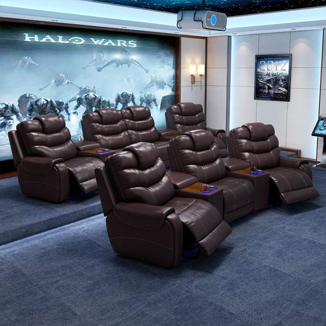 All-cowhide three-seat and 2 middle console arc design video room private cinema sofa luxury, all-electric stretching function