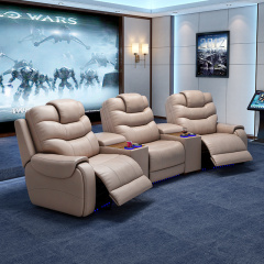 All-cowhide three-seat and 2 middle console arc design video room private cinema sofa luxury, all-electric stretching function