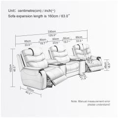 All-cowhide three-seat and 2 middle console arc design video room private cinema sofa luxury, all-electric stretching function