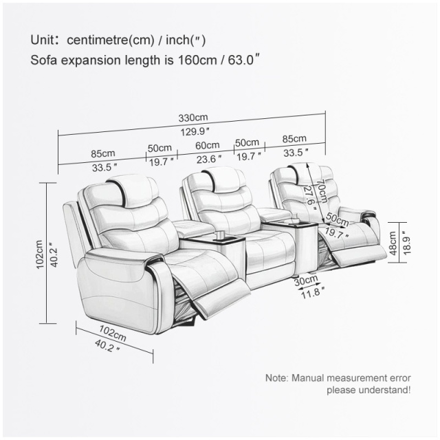 All-cowhide three-seat and 2 middle console arc design video room private cinema sofa luxury, all-electric stretching function