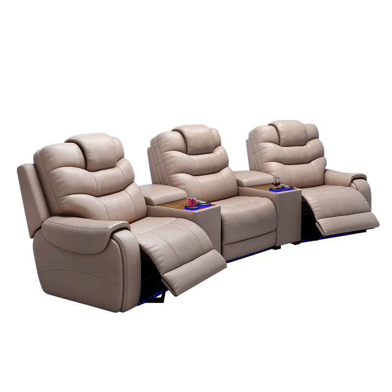 All-cowhide three-seat and 2 middle console arc design video room private cinema sofa luxury, all-electric stretching function
