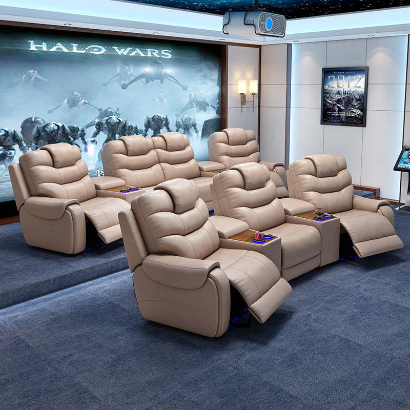All-cowhide three-seat and 2 middle console arc design video room private cinema sofa luxury, all-electric stretching function