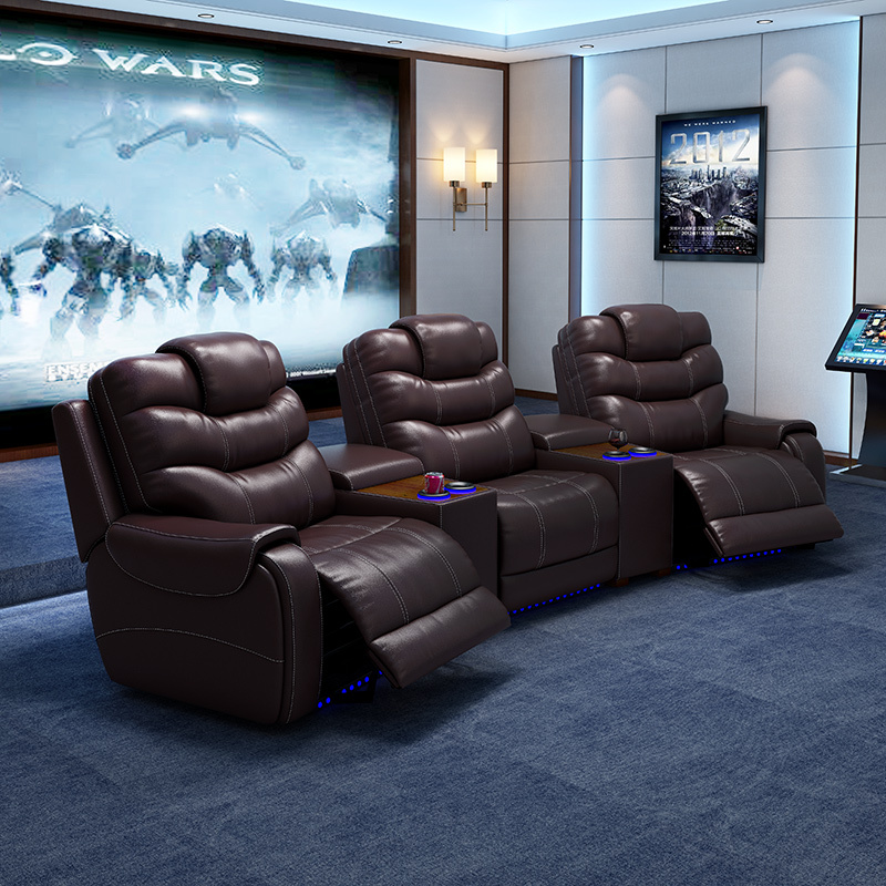 All-cowhide three-seat and 2 middle console arc design video room private cinema sofa luxury, all-electric stretching function