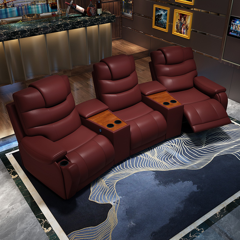All-cowhide three-seat and 2 middle console arc design video room private cinema sofa luxury, all-electric stretching function