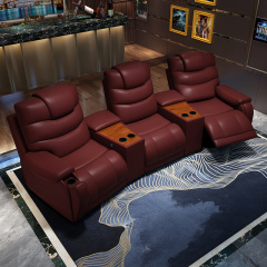 All-cowhide three-seat and 2 middle console arc design video room private cinema sofa luxury, all-electric stretching function