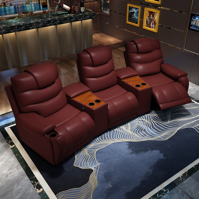 All-cowhide three-seat and 2 middle console arc design video room private cinema sofa luxury, all-electric stretching function