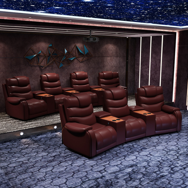 All-cowhide three-seat and 2 middle console arc design video room private cinema sofa luxury, all-electric stretching function