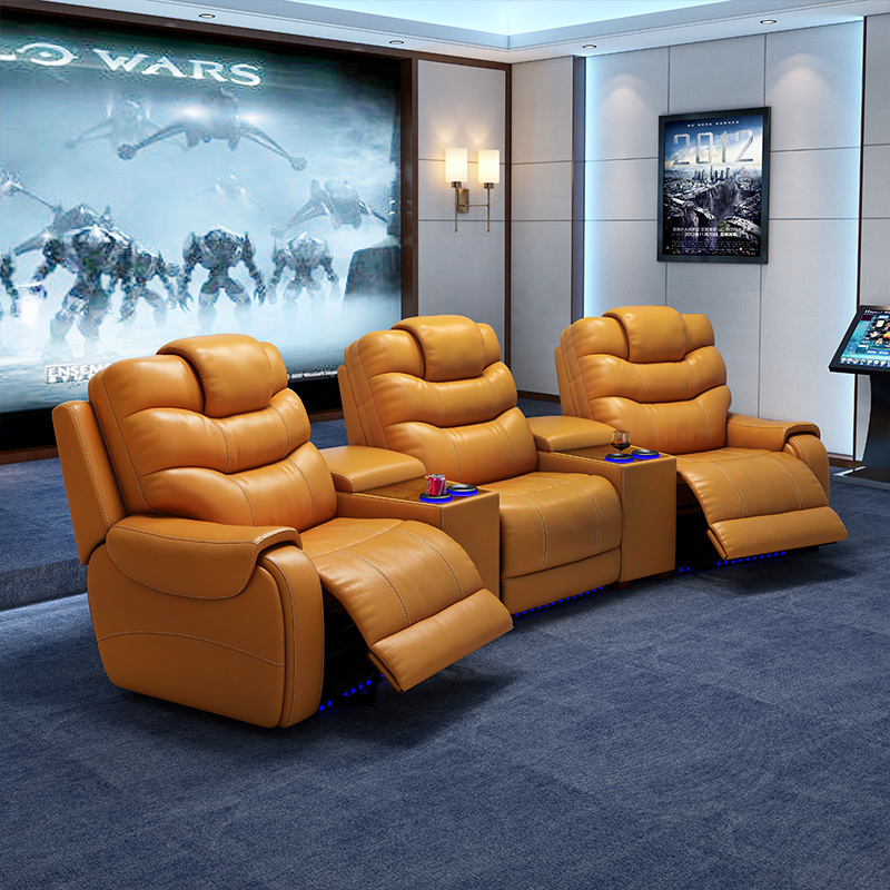 All-cowhide three-seat and 2 middle console arc design video room private cinema sofa luxury, all-electric stretching function