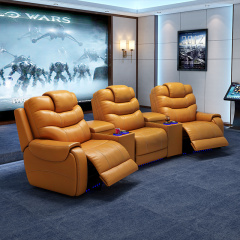 All-cowhide three-seat and 2 middle console arc design video room private cinema sofa luxury, all-electric stretching function