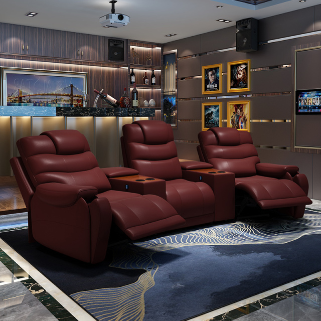 All-cowhide three-seat and 2 middle console arc design video room private cinema sofa luxury, all-electric stretching function