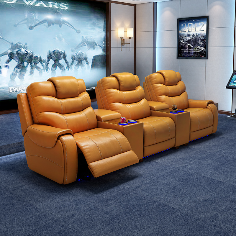All-cowhide three-seat and 2 middle console video room private cinema sofa luxury, all-electric stretching function