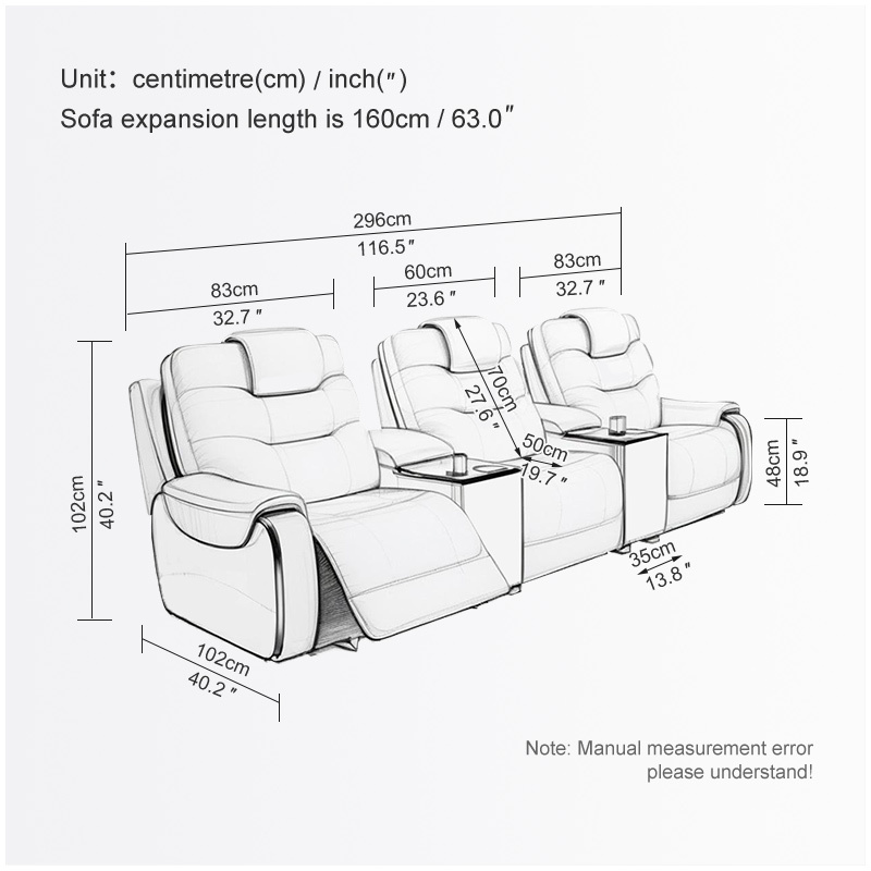 All-cowhide three-seat and 2 middle console video room private cinema sofa luxury, all-electric stretching function