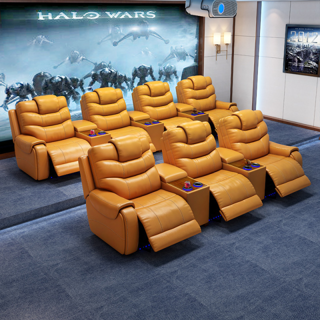 All-cowhide three-seat and 2 middle console video room private cinema sofa luxury, all-electric stretching function