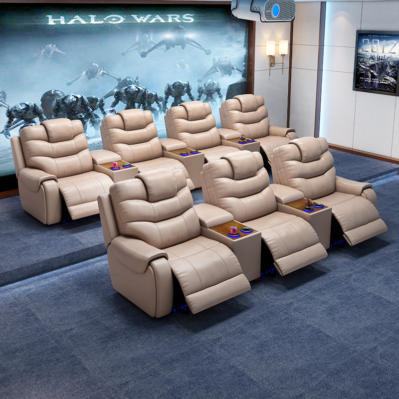All-cowhide three-seat and 2 middle console video room private cinema sofa luxury, all-electric stretching function