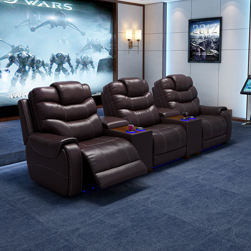 All-cowhide three-seat and 2 middle console video room private cinema sofa luxury, all-electric stretching function