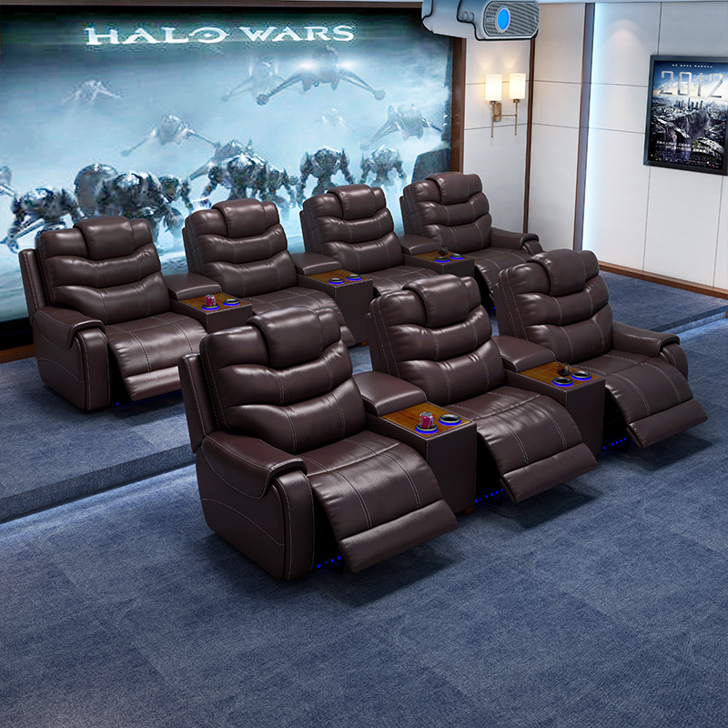 All-cowhide three-seat and 2 middle console video room private cinema sofa luxury, all-electric stretching function