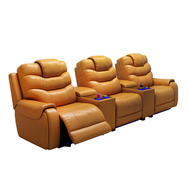 All-cowhide three-seat and 2 middle console video room private cinema sofa luxury, all-electric stretching function