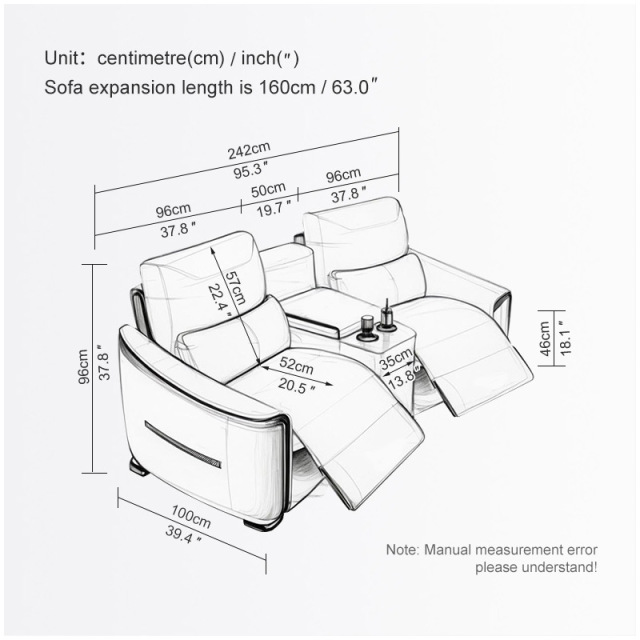 All-cowhide two-seat and middle console arc design video room private cinema sofa luxury, all-electric stretching function