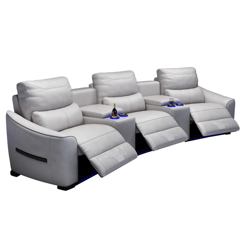 All-cowhide three-seat and 2 middle console arc design video room private cinema sofa luxury, all-electric stretching function