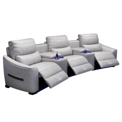 All-cowhide three-seat and 2 middle console arc design video room private cinema sofa luxury, all-electric stretching function