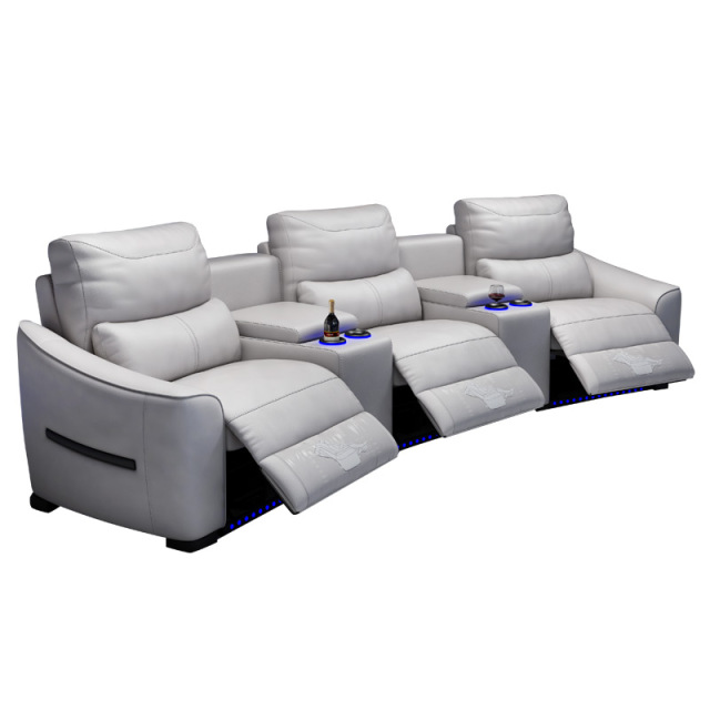 All-cowhide three-seat and 2 middle console arc design video room private cinema sofa luxury, all-electric stretching function