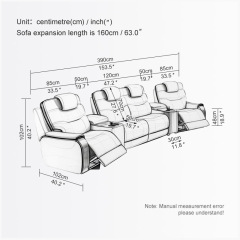 All-cowhide four-seat and 2 middle console arc design video room private cinema sofa luxury, all-electric stretching function