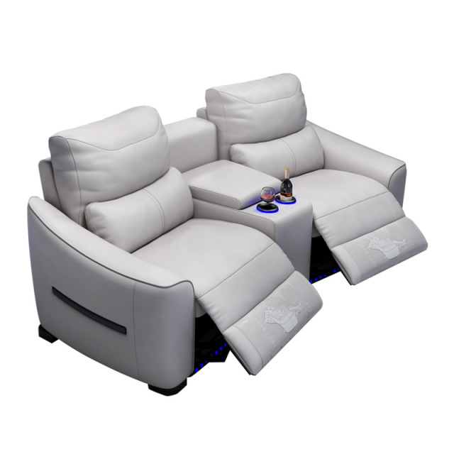All-cowhide two-seat and middle console arc design video room private cinema sofa luxury, all-electric stretching function