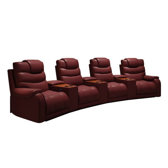 All-cowhide four-seat and 3 middle console arc design video room private cinema sofa luxury, all-electric stretching function