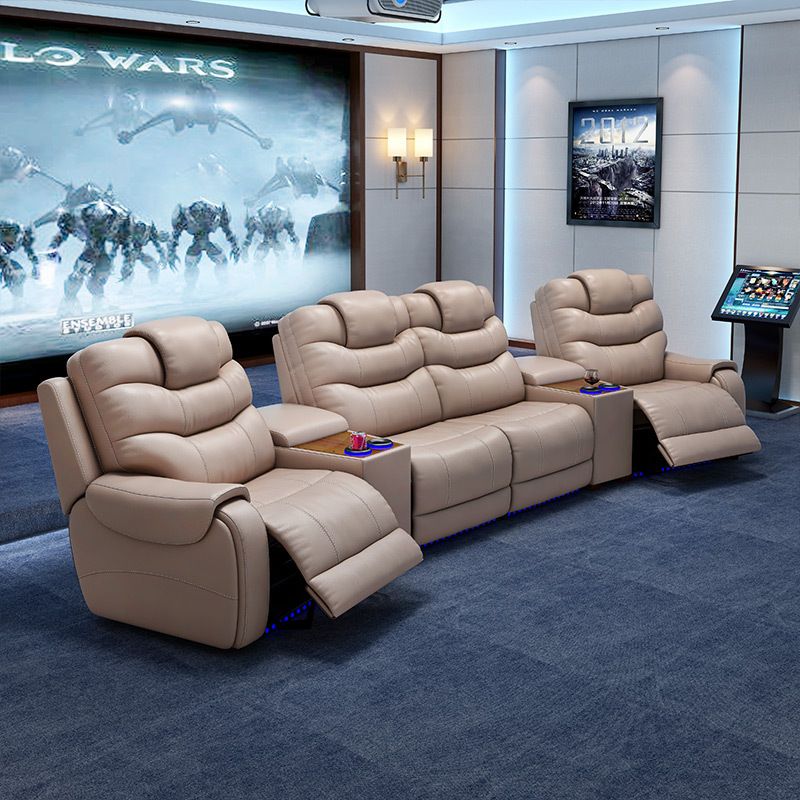 All-cowhide four-seat and 2 middle console arc design video room private cinema sofa luxury, all-electric stretching function