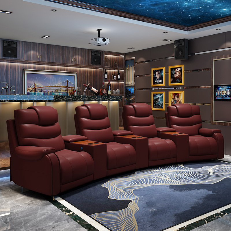 All-cowhide four-seat and 3 middle console arc design video room private cinema sofa luxury, all-electric stretching function