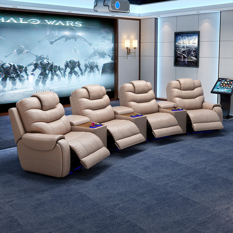 All-cowhide four-seat and 3 middle console arc design video room private cinema sofa luxury, all-electric stretching function
