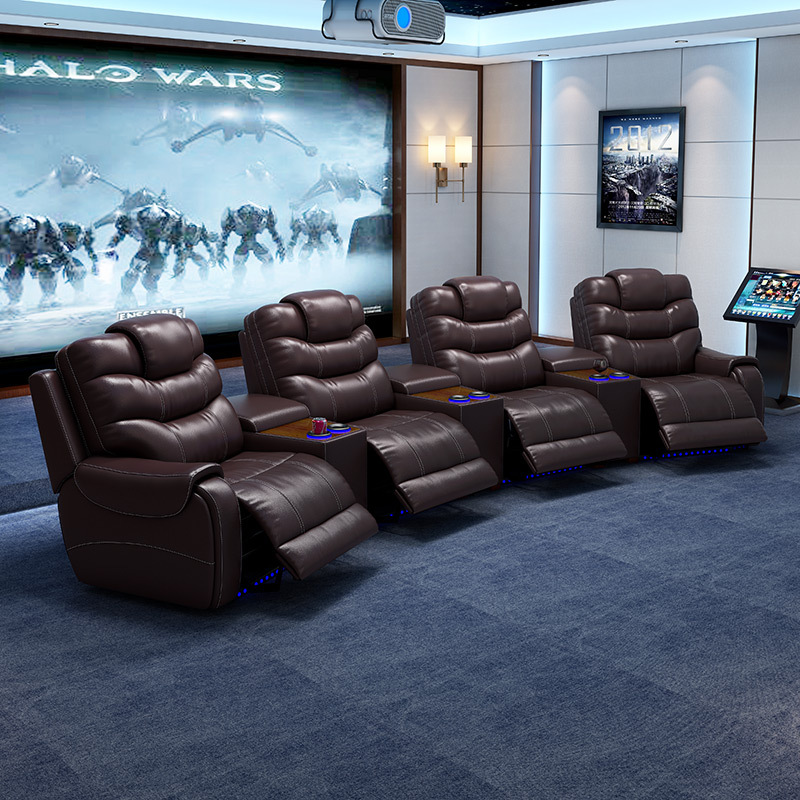 All-cowhide four-seat and 3 middle console arc design video room private cinema sofa luxury, all-electric stretching function