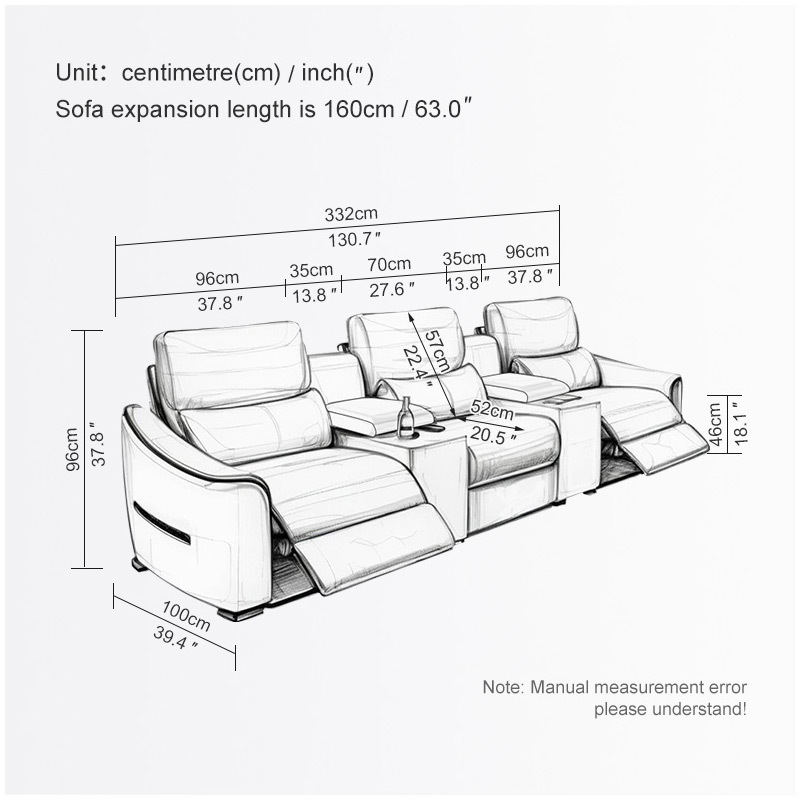All-cowhide three-seat and 2 middle console video room private cinema sofa luxury, all-electric stretching function