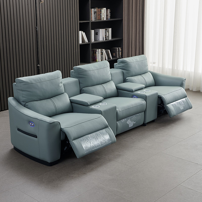 All-cowhide three-seat and 2 middle console video room private cinema sofa luxury, all-electric stretching function