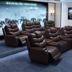 All-cowhide four-seat and 2 middle console arc design video room private cinema sofa luxury, all-electric stretching function