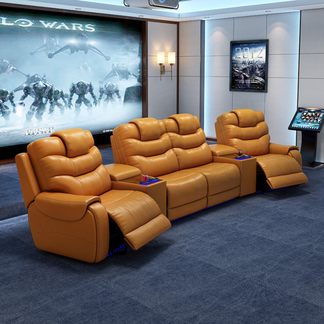 All-cowhide four-seat and 2 middle console arc design video room private cinema sofa luxury, all-electric stretching function