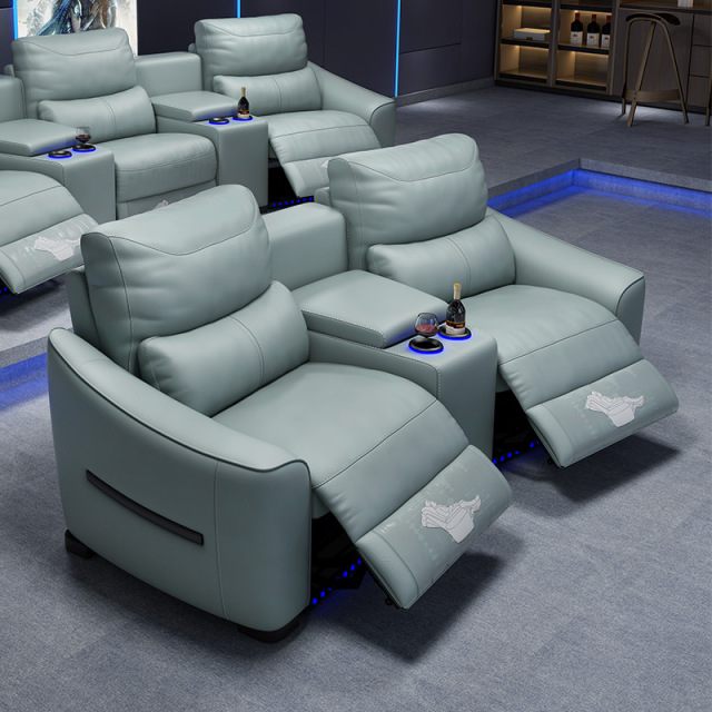 All-cowhide two-seat and middle console arc design video room private cinema sofa luxury, all-electric stretching function
