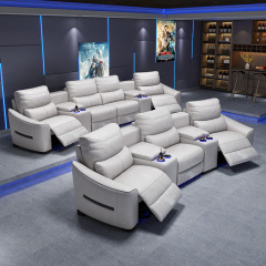 All-cowhide three-seat and 2 middle console arc design video room private cinema sofa luxury, all-electric stretching function