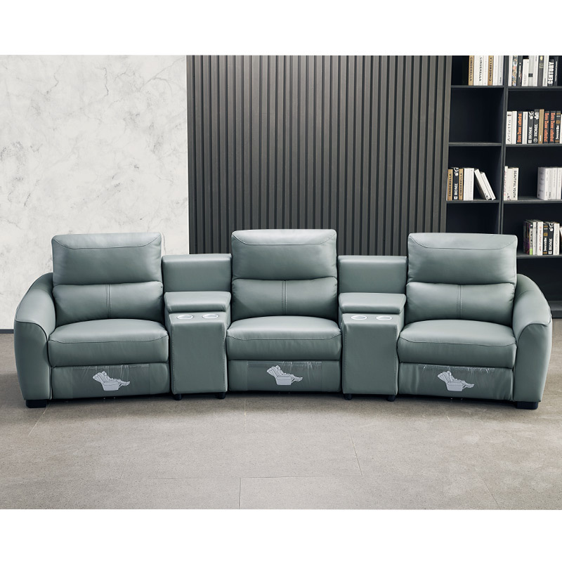 All-cowhide three-seat and 2 middle console arc design video room private cinema sofa luxury, all-electric stretching function