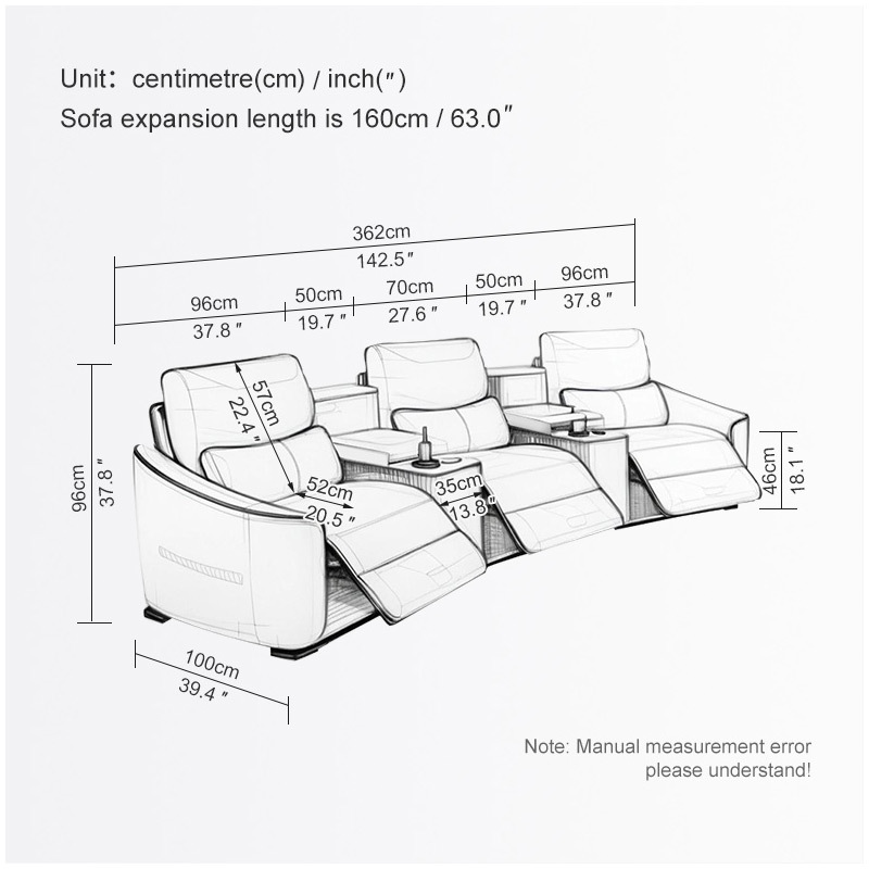 All-cowhide three-seat and 2 middle console arc design video room private cinema sofa luxury, all-electric stretching function