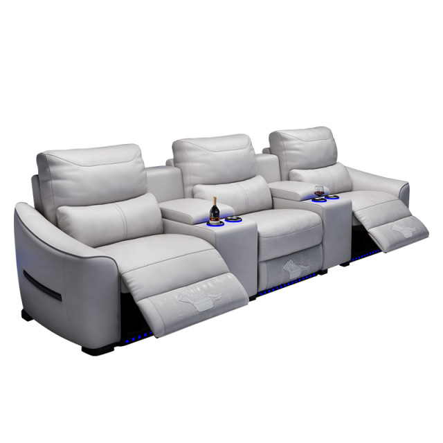 All-cowhide three-seat and 2 middle console video room private cinema sofa luxury, all-electric stretching function