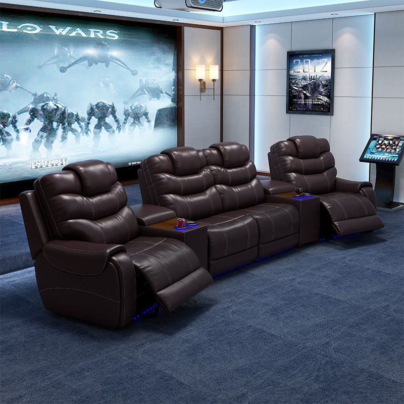 All-cowhide four-seat and 2 middle console arc design video room private cinema sofa luxury, all-electric stretching function