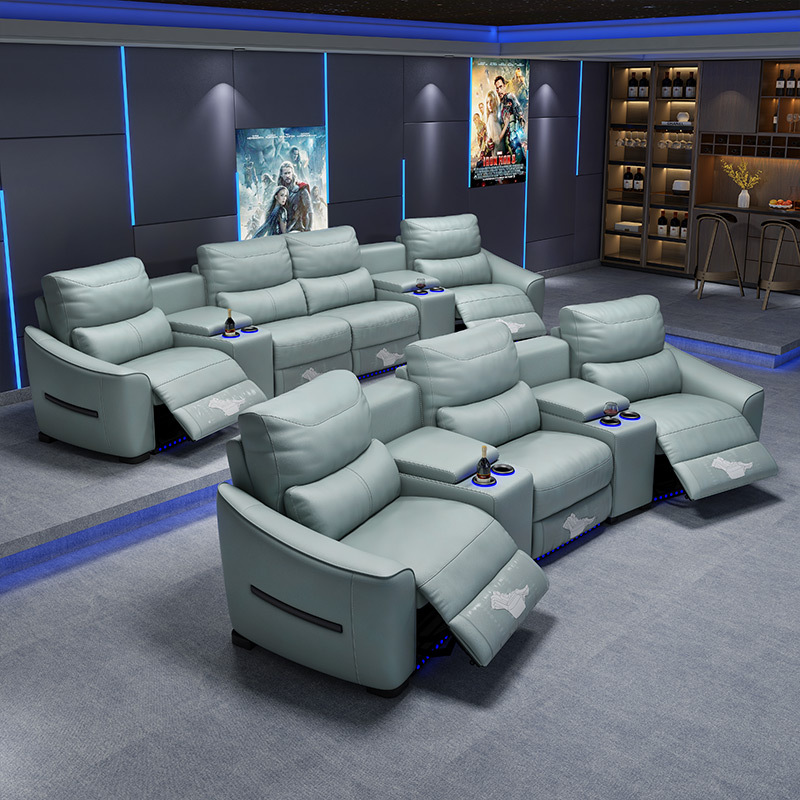 All-cowhide three-seat and 2 middle console arc design video room private cinema sofa luxury, all-electric stretching function