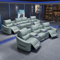 All-cowhide three-seat and 2 middle console arc design video room private cinema sofa luxury, all-electric stretching function