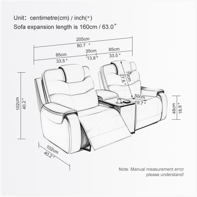All-cowhide two-seat and middle console video room private cinema sofa luxury, all-electric stretching function