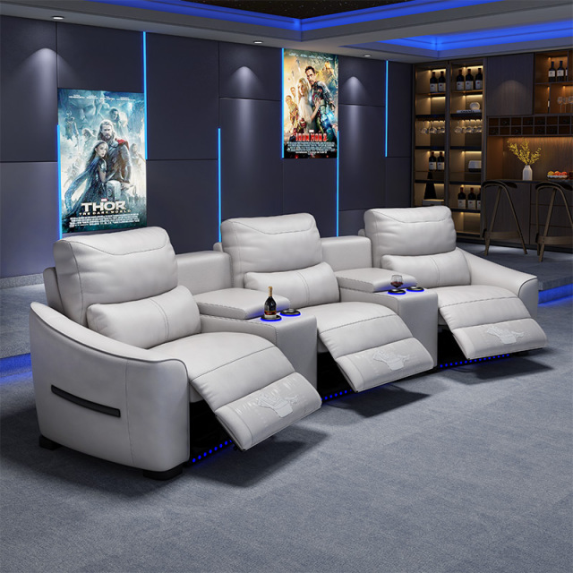 All-cowhide three-seat and 2 middle console arc design video room private cinema sofa luxury, all-electric stretching function