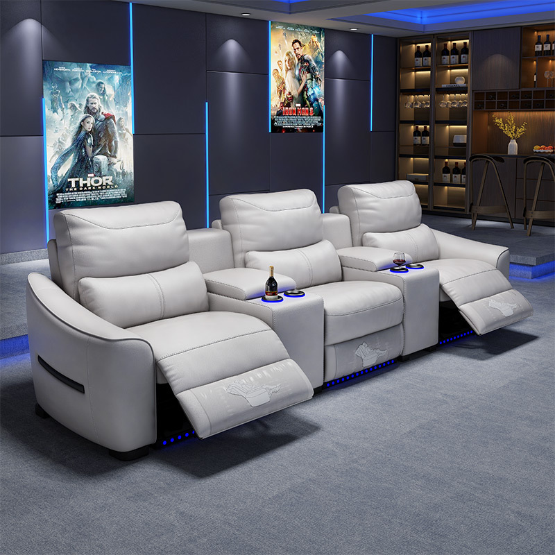 All-cowhide three-seat and 2 middle console video room private cinema sofa luxury, all-electric stretching function