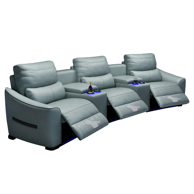 All-cowhide three-seat and 2 middle console arc design video room private cinema sofa luxury, all-electric stretching function