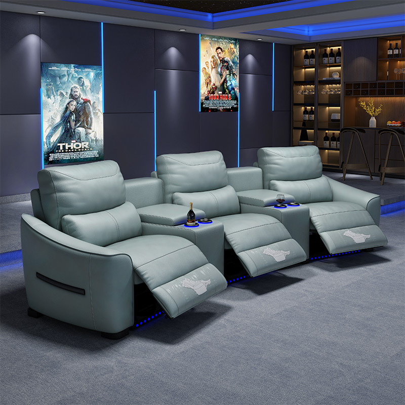 All-cowhide three-seat and 2 middle console arc design video room private cinema sofa luxury, all-electric stretching function