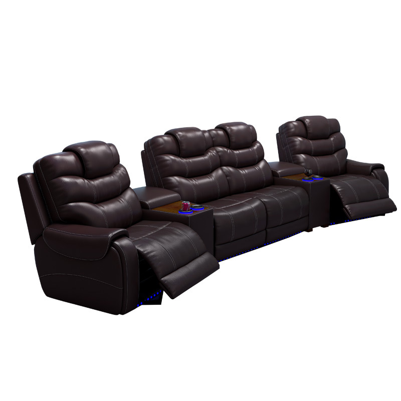 All-cowhide four-seat and 2 middle console arc design video room private cinema sofa luxury, all-electric stretching function